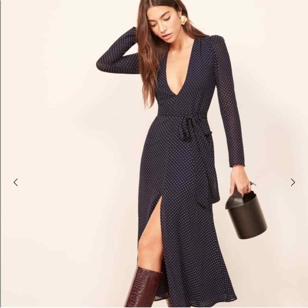 Reformation Navy Polka Dot Long Sleeve Wrap Dress